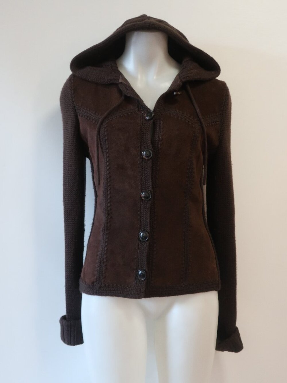 Womens Hugo Boss Brown Suede & Knit Hooded Button Down Cardigan Sweater M